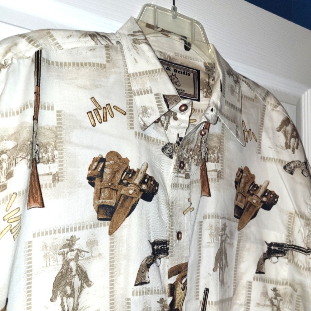 Bit & Bridle Cowboy Short Sleeve Button  Shirt Size Large Cream Tan‎ Old West